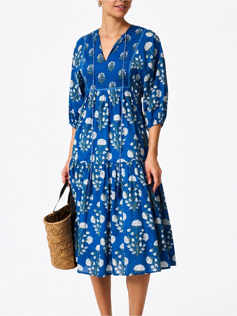 Ro's Garden Anthropologie Vivi Midi Dress Blue White Floral Tassel Tie XS